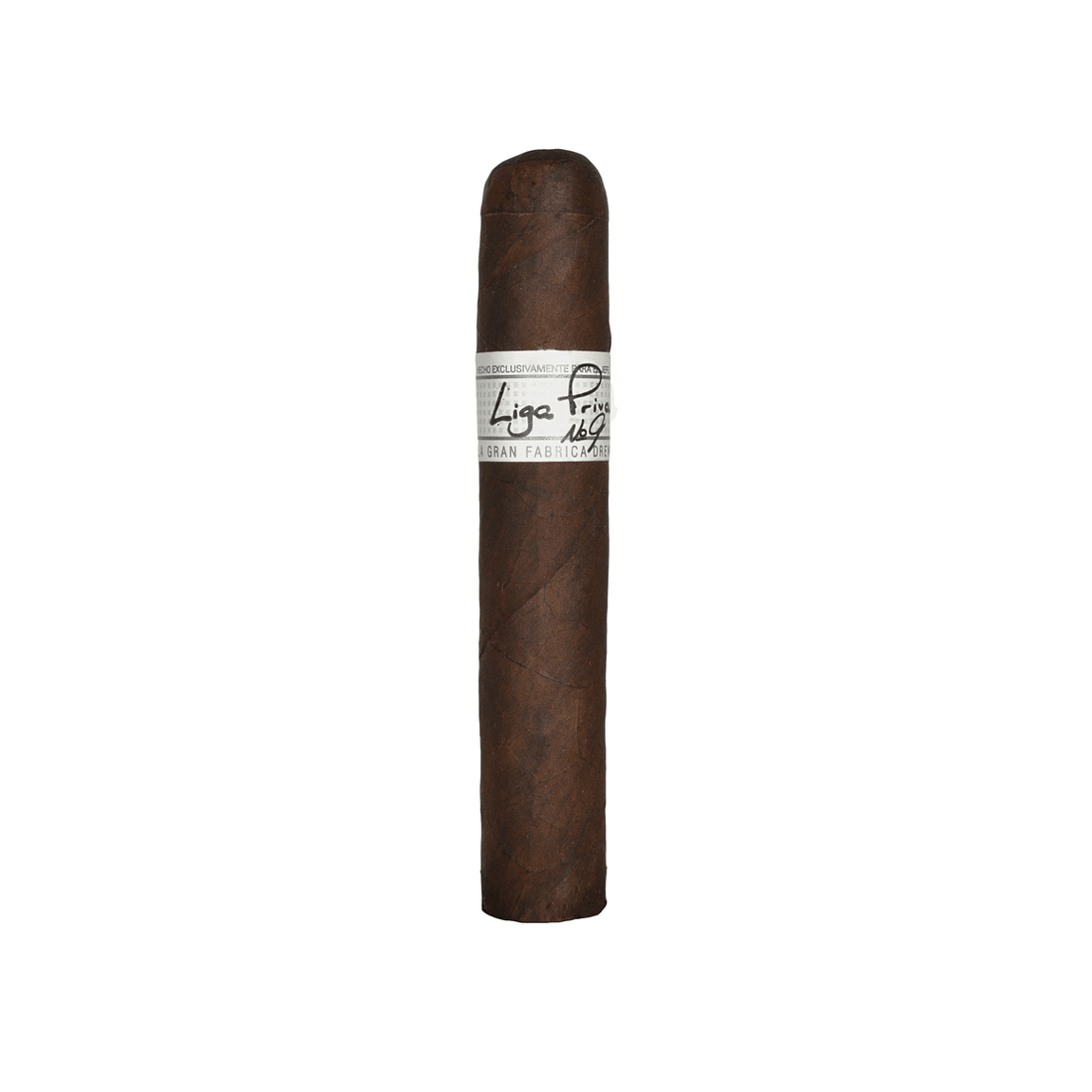 Liga Privada No. 9 Robusto cigar with dark Connecticut Broadleaf Oscuro wrapper, known for bold, luxurious flavors.