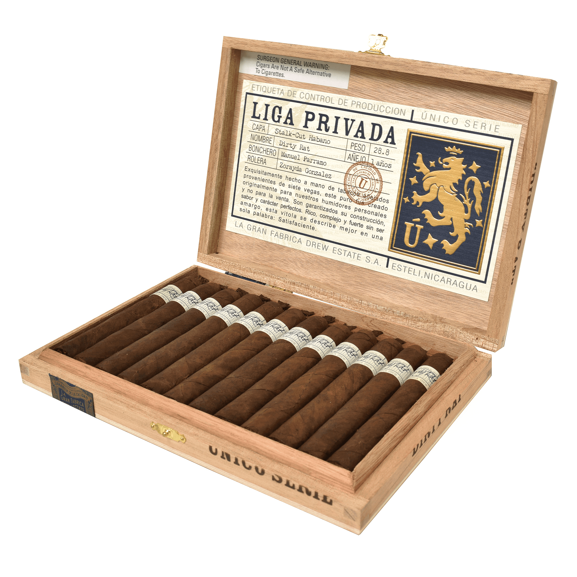 Open box of Liga Privada Único Serie Dirty Rat cigars from Nicaragua, featuring a Connecticut Broadleaf Oscuro wrapper.