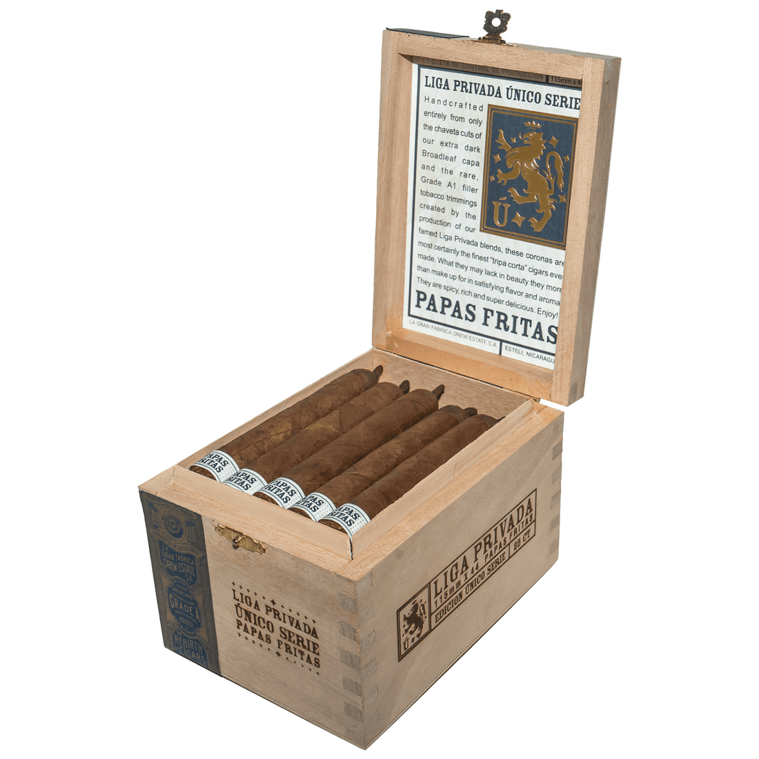 Liga Privada Único Serie Papas Fritas cigars in a 25ct wooden box showcasing premium Nicaraguan tobacco.