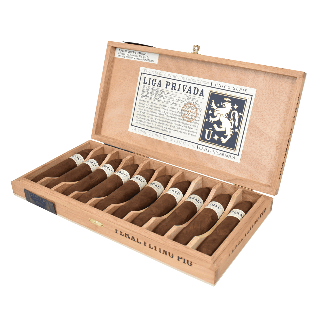Open Liga Privada Unico Serie Feral Flying Pig 10ct Box displaying cigars with Connecticut Broadleaf Maduro wrapper.