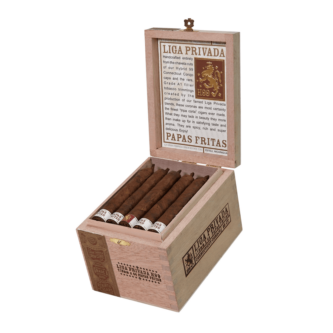 Open box of Liga Privada H99 Papas Fritas cigars from Nicaragua, featuring Connecticut H99 Corojo wrapper, 25-count.
