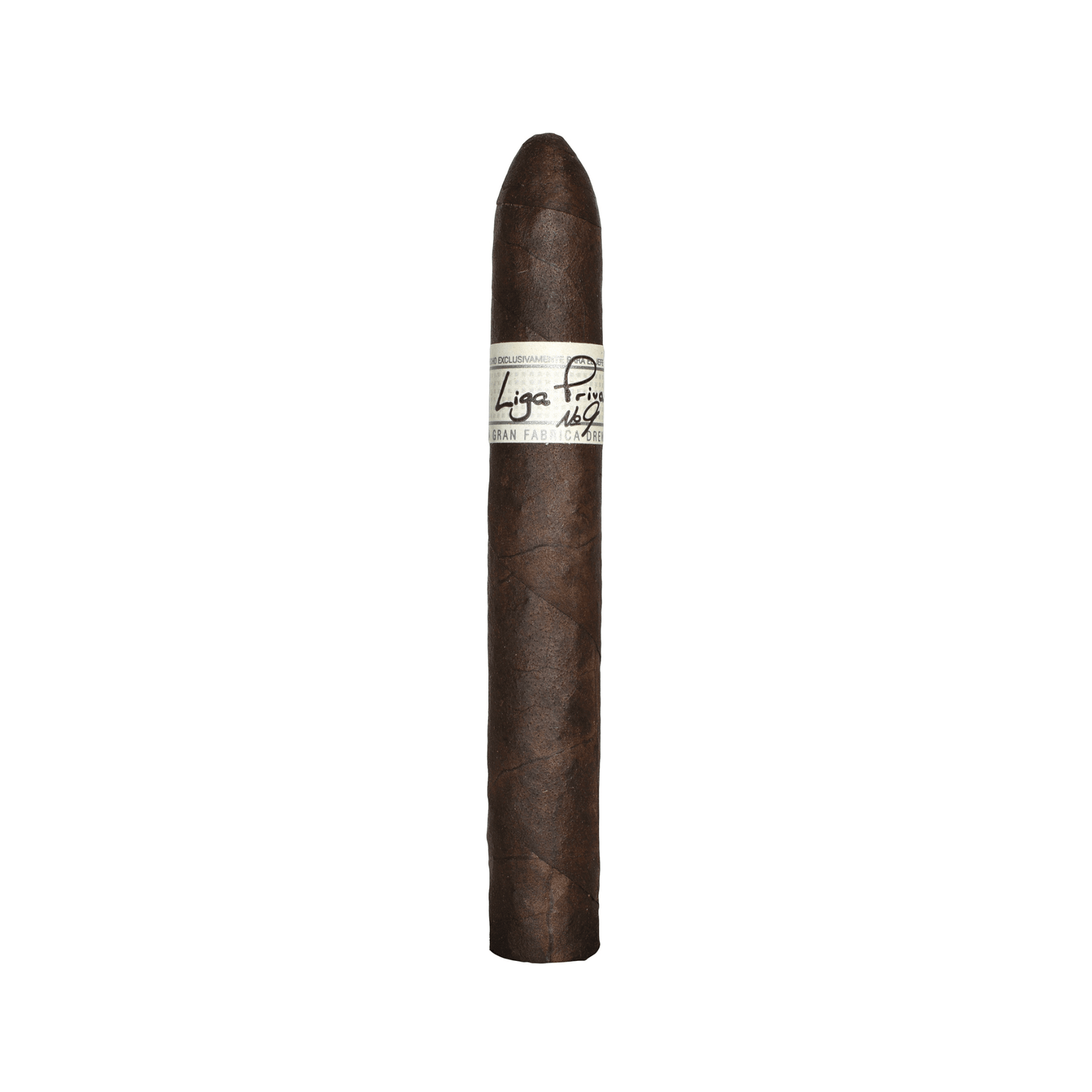 Liga Privada No. 9 Belicoso cigar with dark Connecticut Broadleaf Oscuro wrapper, offering rich chocolate and coffee flavors.