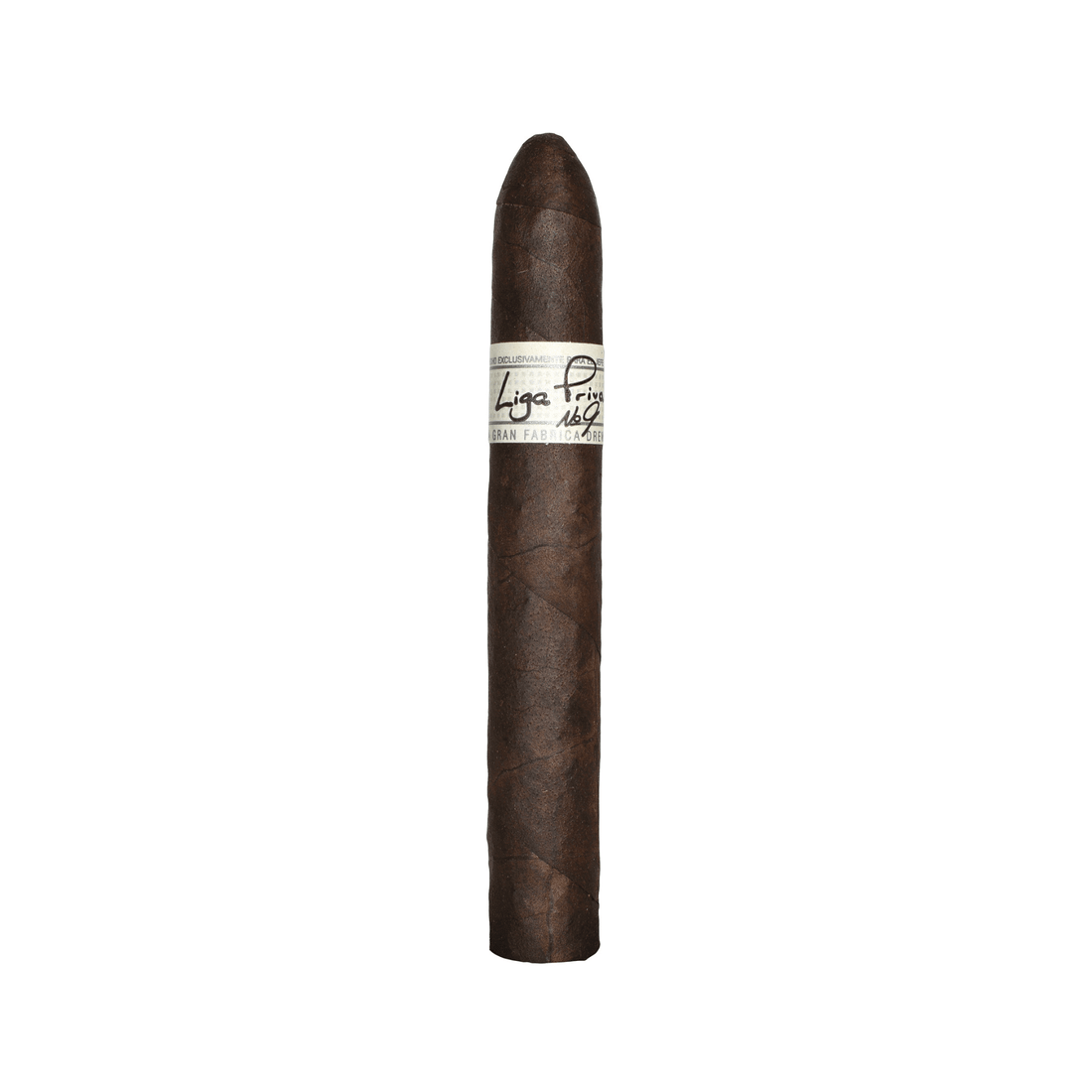 Liga Privada No. 9 Belicoso cigar with Connecticut Broadleaf Oscuro wrapper, showcasing its rich, full-bodied profile.