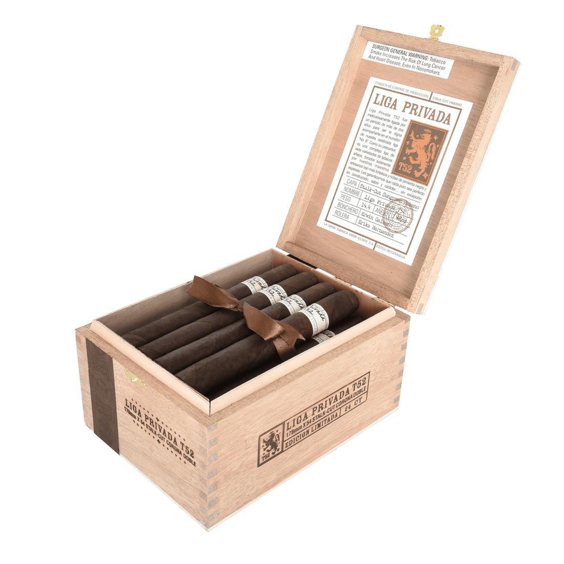 Liga Privada T52 Corona Doble 24-count box with premium cigars from Nicaragua, featuring a Connecticut River Valley wrapper.