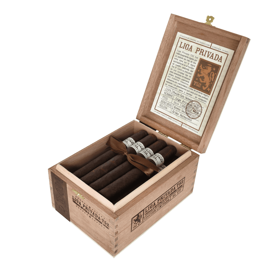 Liga Privada T52 Corona Viva 24ct box of cigars open to reveal premium Nicaraguan blend with Connecticut Sun Grown Habano wrapper.