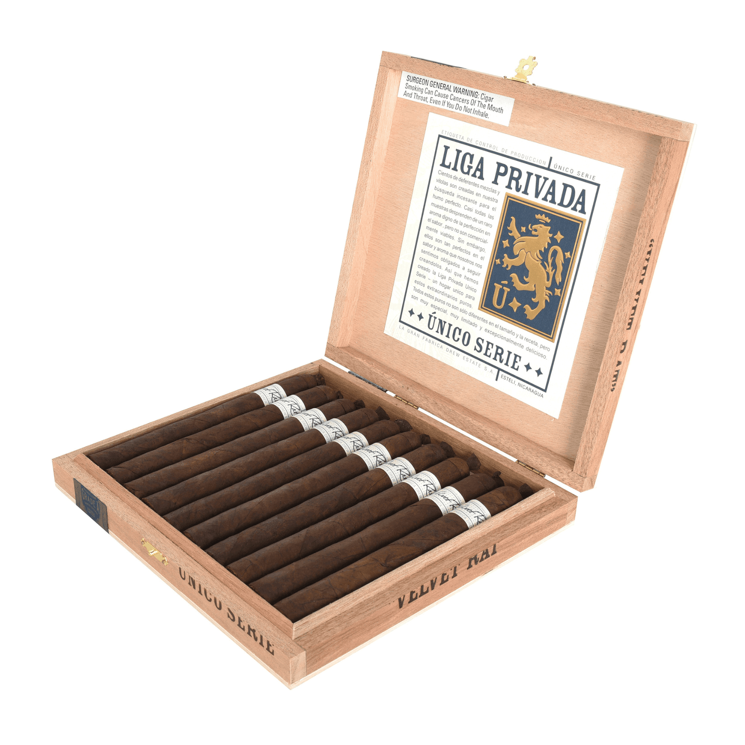 Liga Privada Único Velvet Rat cigars in open wooden box, showcasing handcrafted Nicaraguan blends with Connecticut Broadleaf wrapper.