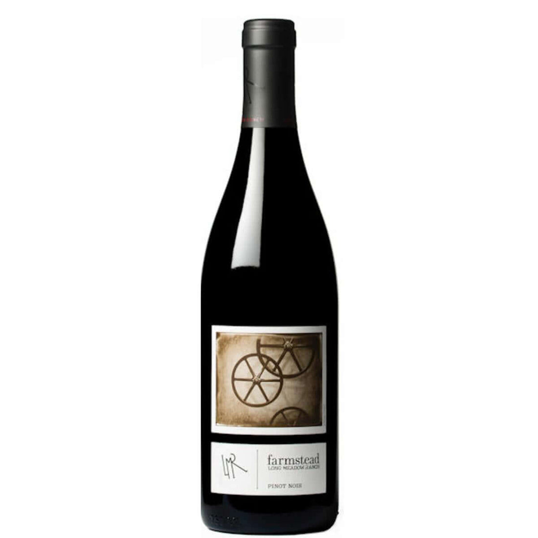 Bottle of Long Meadow Ranch Pinot Noir 2018, 750ml, California red wine, organic and sustainable, with a label featuring wheels.
