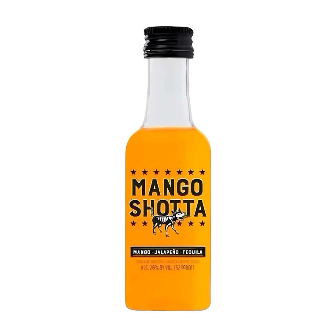 Mango Shotta 50ml bottle, flavored tequila infused with mango and jalapeño, bright golden-orange hue, by Sazerac Company.