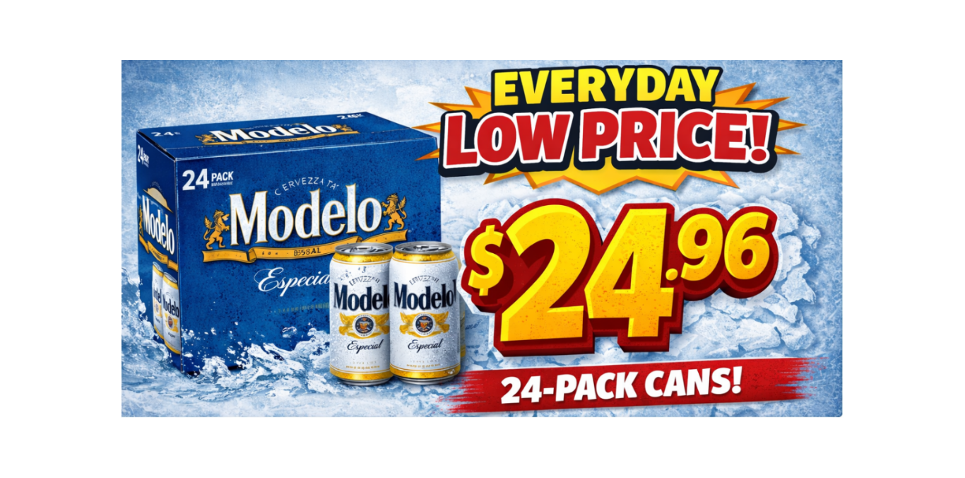 Modelo Especial beer packaging with a promotional offer on a blue background