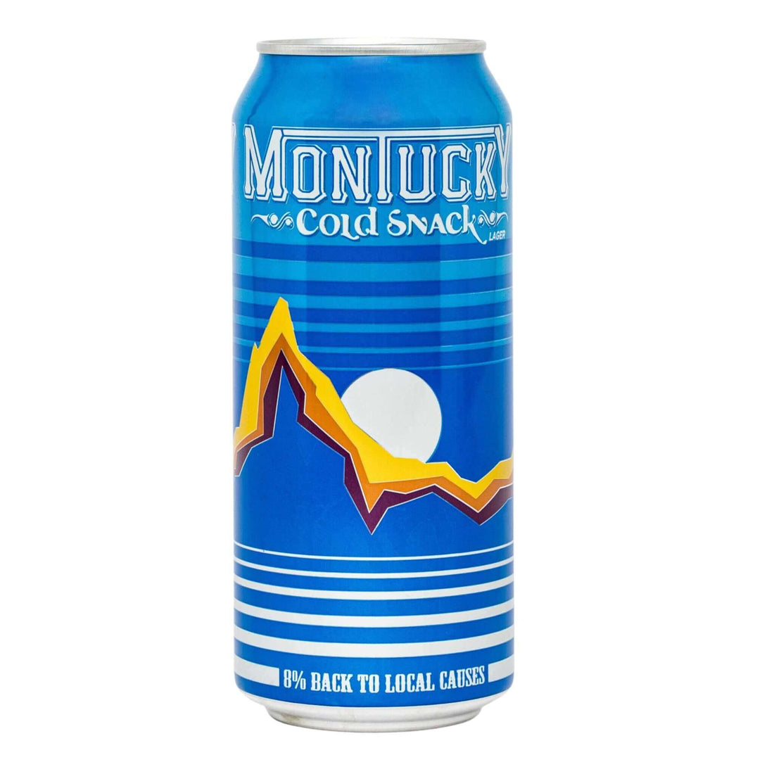 Montucky Cold Snacks 16oz can, featuring vibrant mountain design, part of a 6-pack American Lager with 4.1% ABV.
