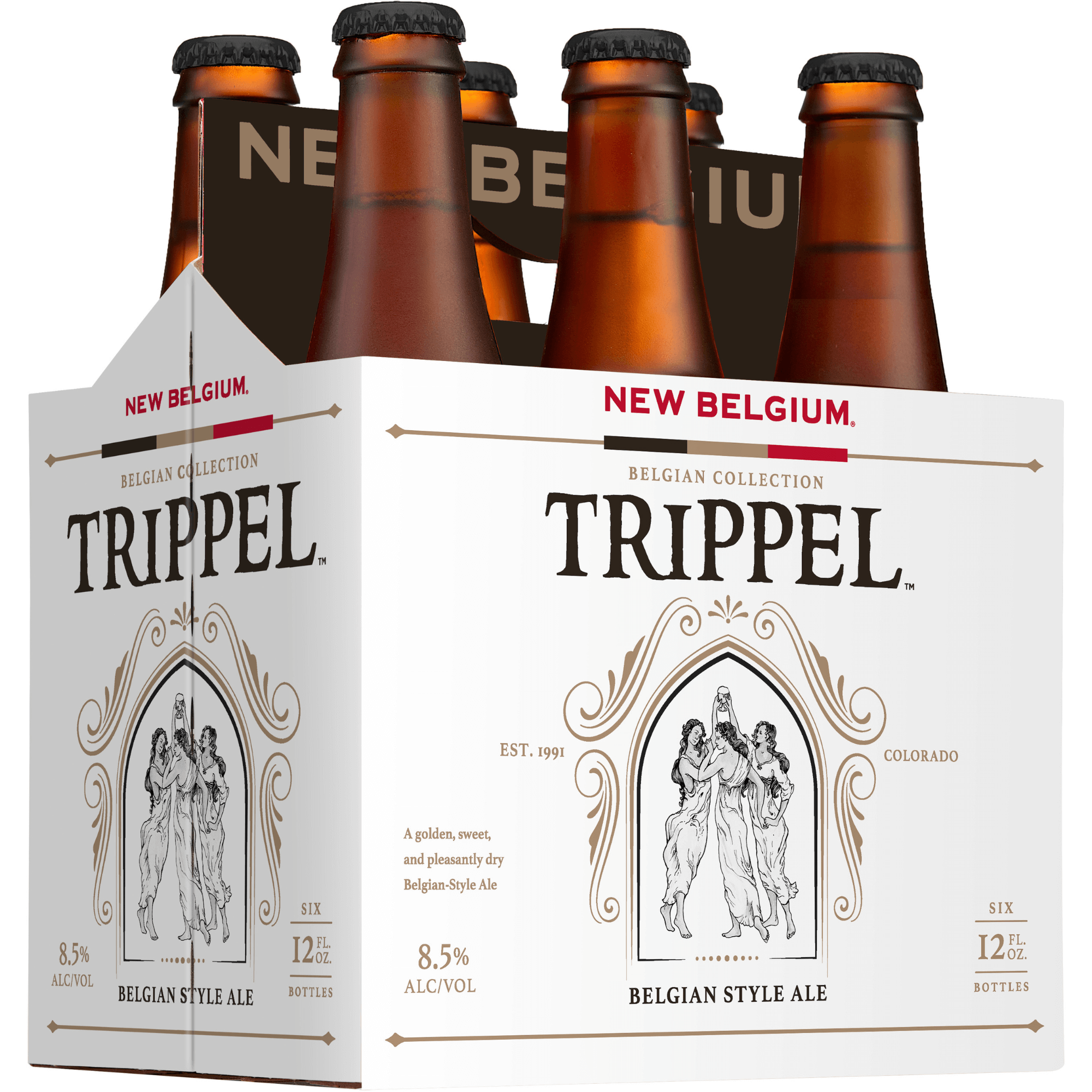 Six-pack of New Belgium Trippel beer bottles with white packaging.
