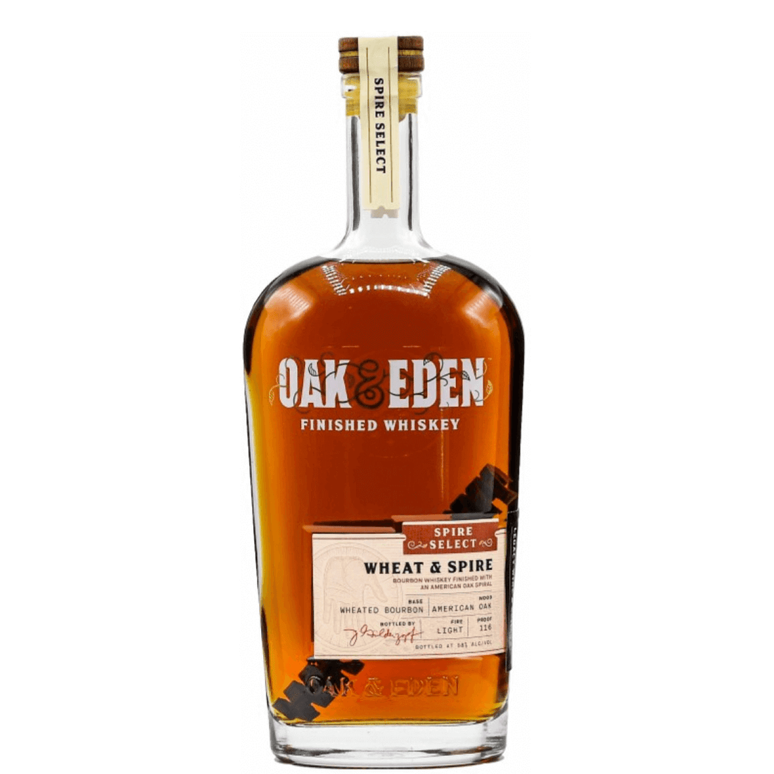 Oak and Eden Wheat &amp; Spire 750ml Bourbon Whiskey from Indiana USA, 45% ABV, smooth wheat flavor, finished whiskey bottle.
