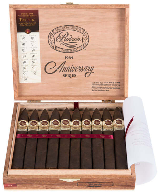 Open box of Padrón 1964 Torpedo Maduro cigars showing ten neatly arranged torpedoes with Nicaraguan Maduro wrappers.