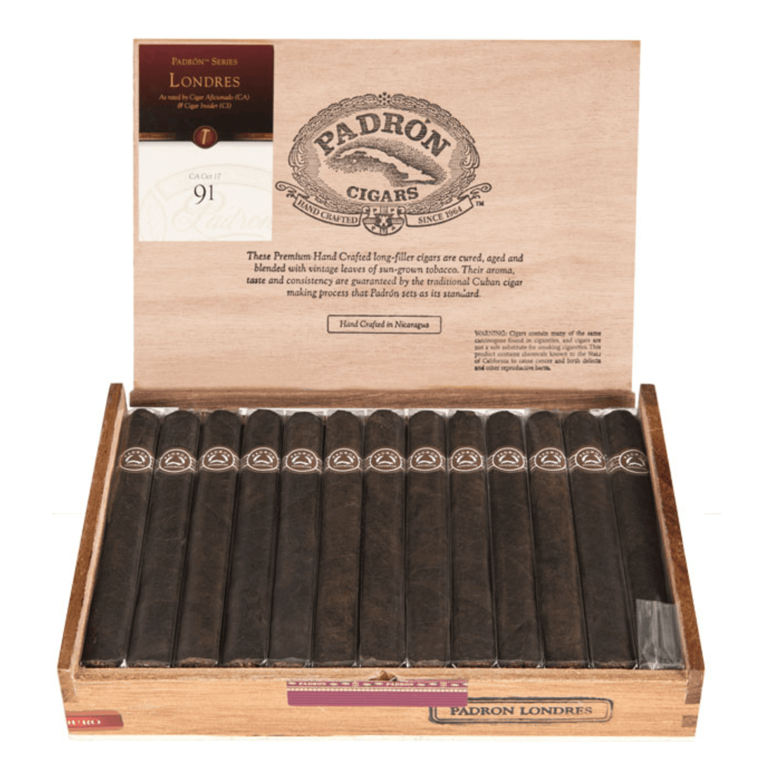 Padron Londres Maduro 26ct Box with Nicaraguan Maduro cigars, showcasing rich flavors of chocolate, espresso, and spices.