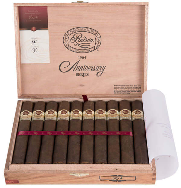 Open box of Padron 1964 Anniversary No. 4 Maduro cigars, 20 count, showcasing Nicaraguan origin and rich dark chocolate notes.