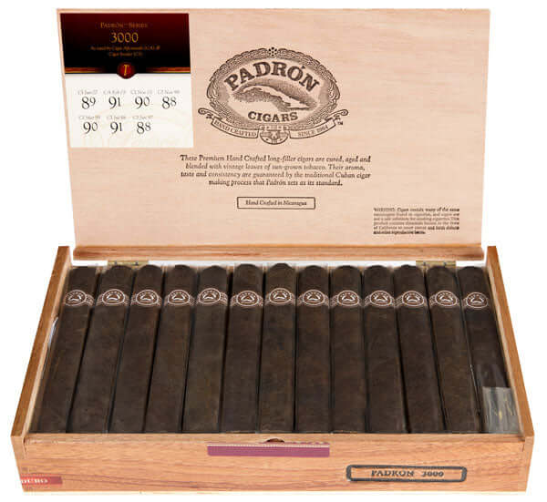 Padron 3000 Maduro 26ct Box featuring Nicaraguan robusto extra cigars with rich, bold flavors of dark chocolate and espresso.