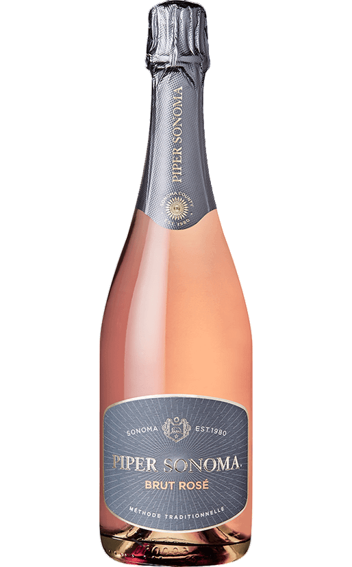 Piper Sonoma Brut Rosé 750ml bottle with elegant label, featuring notes of berries, from Chardonnay and Pinot varietals, Sonoma.
