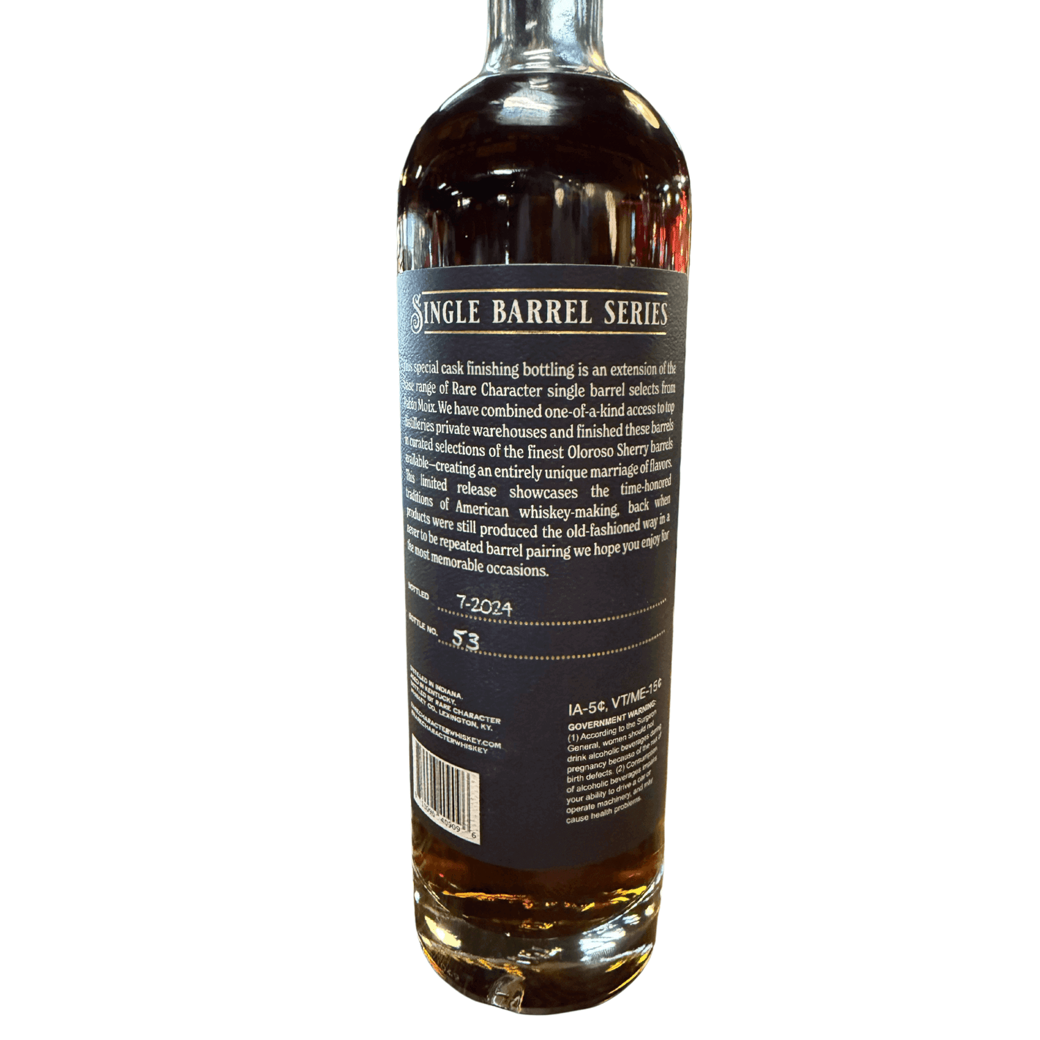 Back label view of Rare Character PPLD X Flag Liquor Oloroso Sherry Cask Finish Rye Whiskey 750mL bottle, highlighting Single Barrel Series.