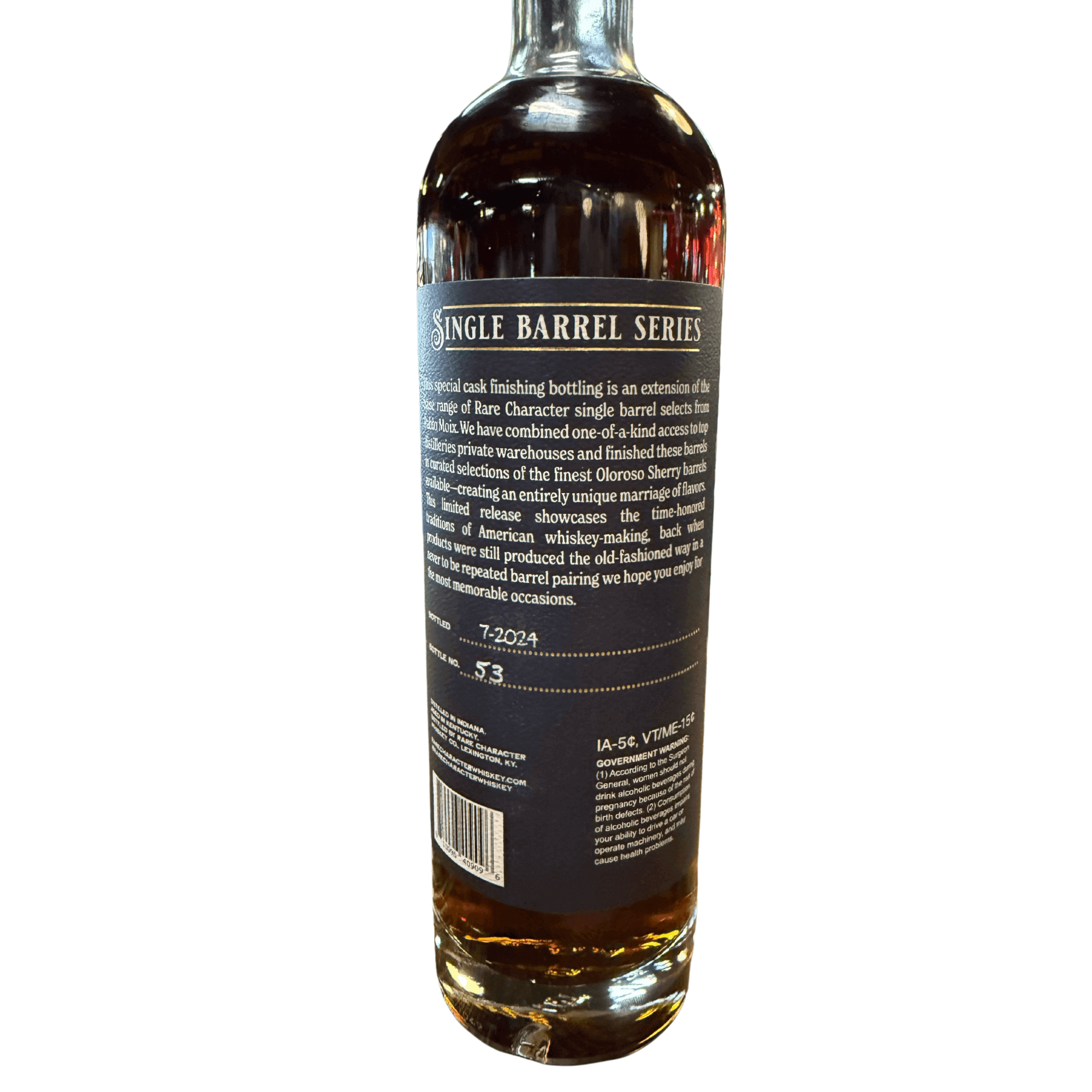 Back label view of Rare Character PPLD X Flag Liquor Oloroso Sherry Cask Finish Rye Whiskey 750mL bottle, highlighting Single Barrel Series.
