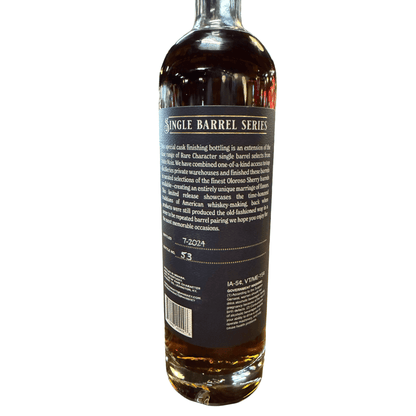 Back label view of Rare Character PPLD X Flag Liquor Oloroso Sherry Cask Finish Rye Whiskey 750mL bottle, highlighting Single Barrel Series.