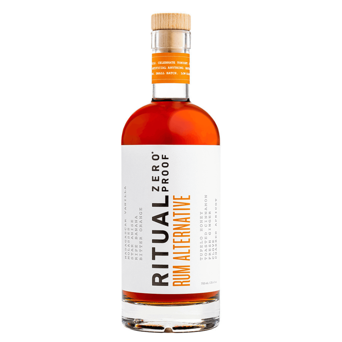 Ritual Zero Proof Rum Alternative 750mL bottle, non-alcoholic with notes of vanilla, banana, and spices, ideal for cocktails.