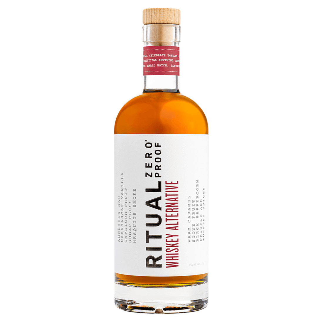 Ritual Zero Proof Whiskey Alternative 750ml bottle, non-alcoholic whiskey with hints of oak, vanilla, and stone fruit. ABV 0.0%.
