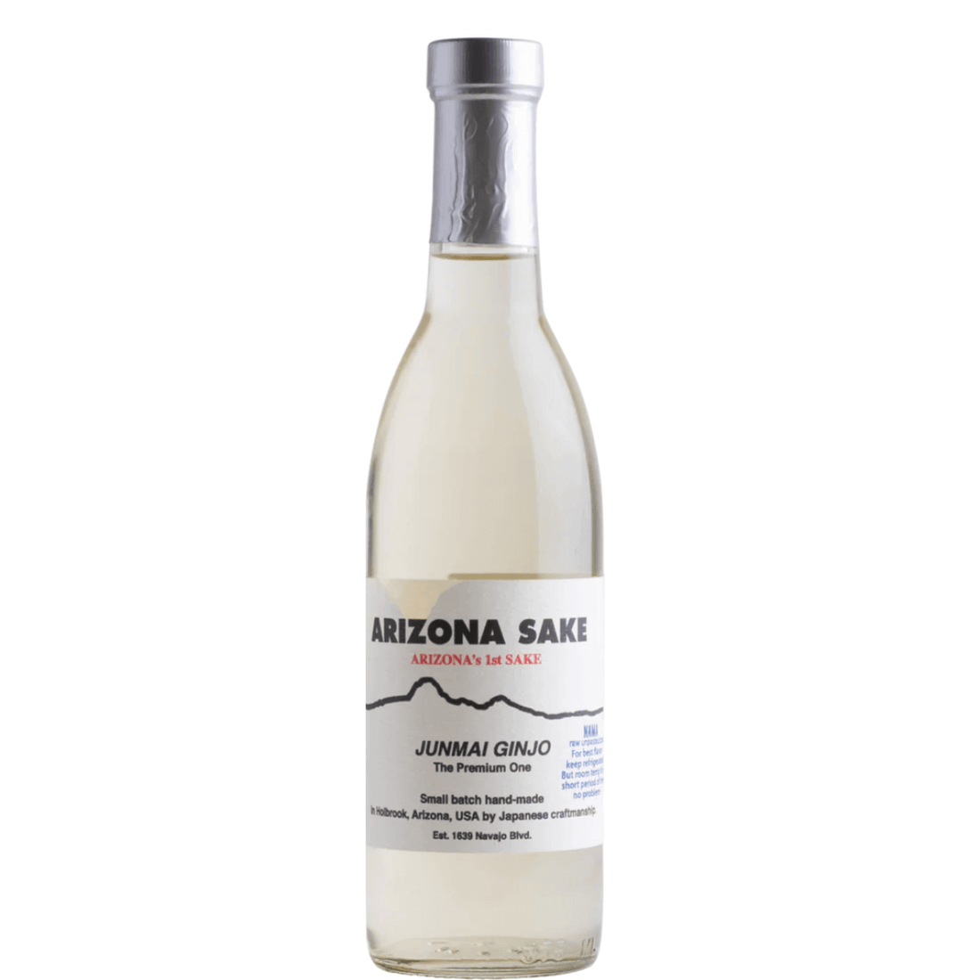 Arizona Sake Junmai Ginjo 740ml bottle, premium American sake from Arizona, 16% ABV, pasteurized, handcrafted Junmai Ginjo.