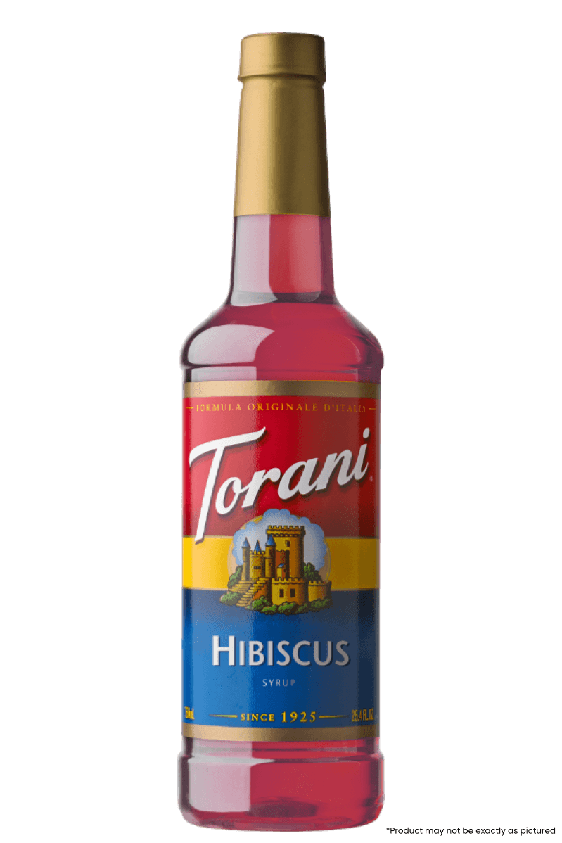Torani Hibiscus Syrup 750ml bottle with floral and tangy flavor, perfect for iced tea and cocktails. Made in California, USA.
