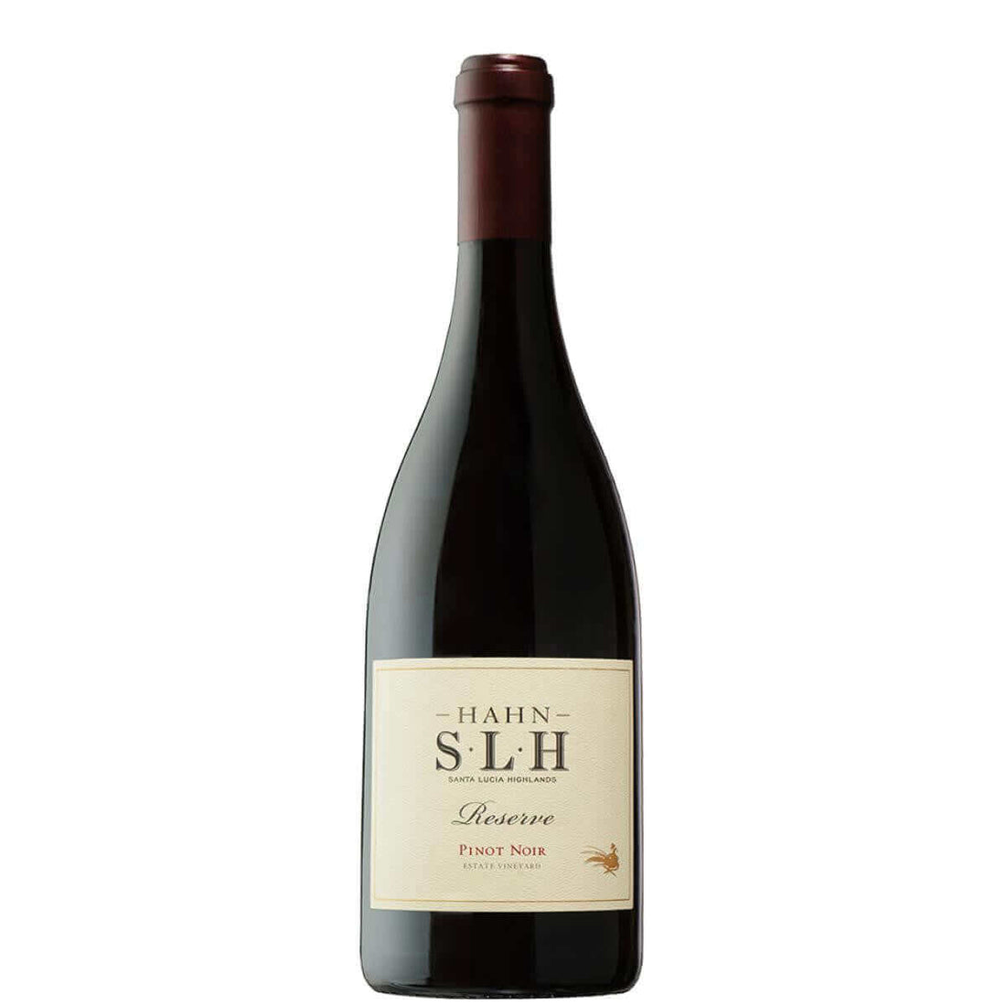 Hahn SLH Pinot Noir 2019 bottle, 750ml, from Santa Lucia Highlands, California, rich red wine aged in French oak, 14.5% ABV.