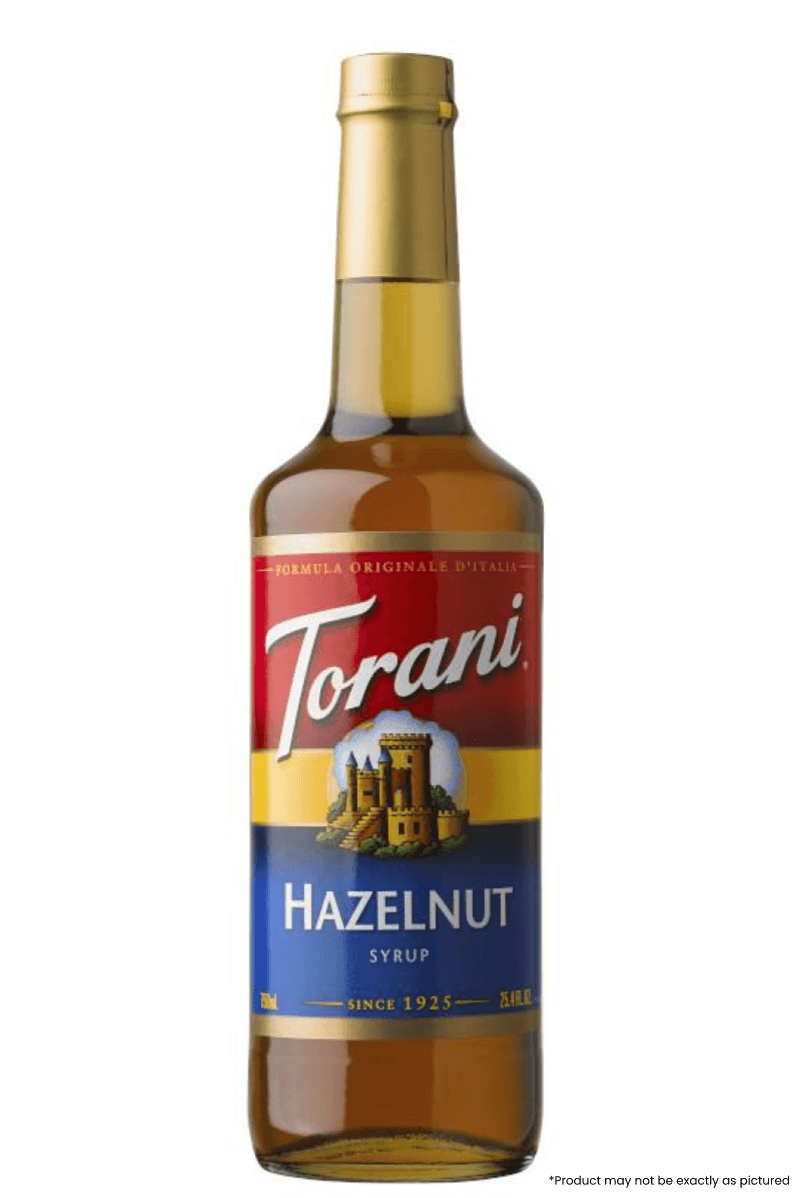 Torani Hazelnut Syrup 750ml bottle for coffee, latte, and baking, adds rich nutty flavor, made in California, USA.