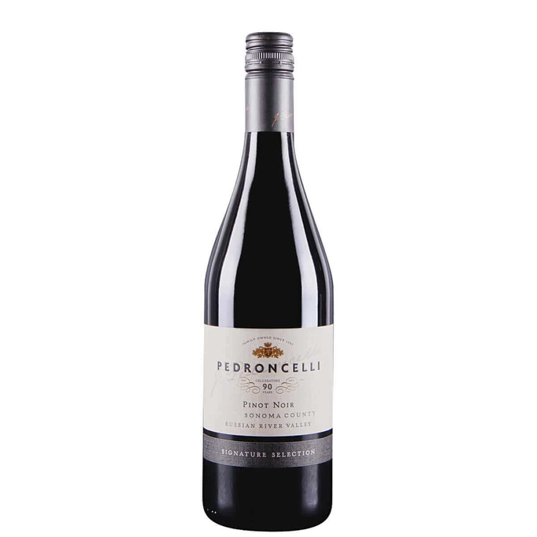 Bottle of Pedroncelli Pinot Noir 2020, 750ml, from Russian River Valley, California; noted for bright acidity and red fruit flavors.