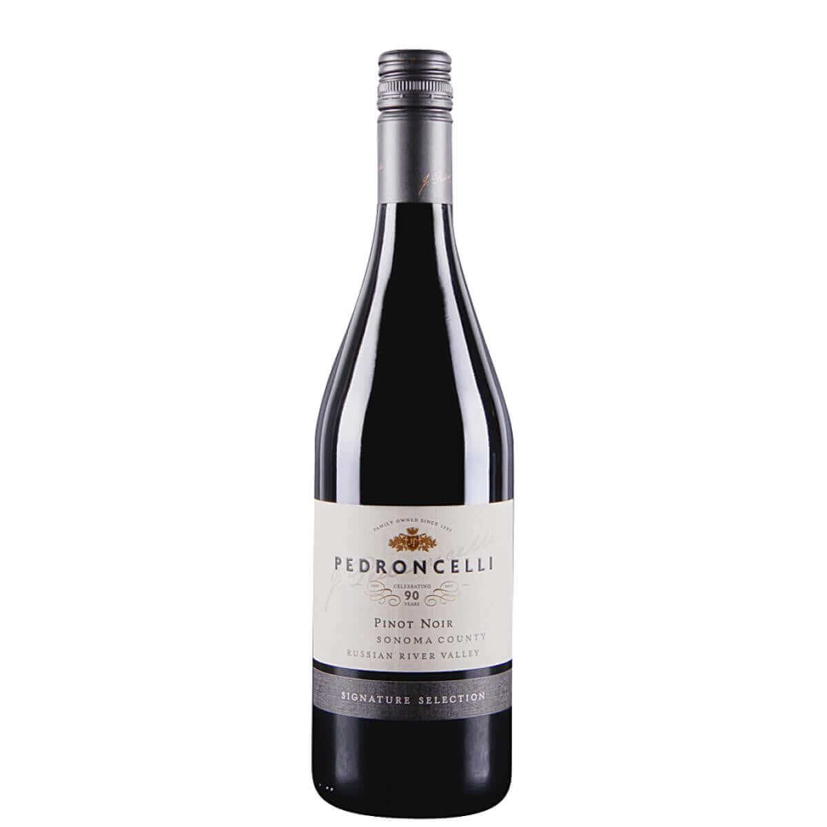 Bottle of Pedroncelli Pinot Noir 2020, 750ml, from Russian River Valley, California; noted for bright acidity and red fruit flavors.