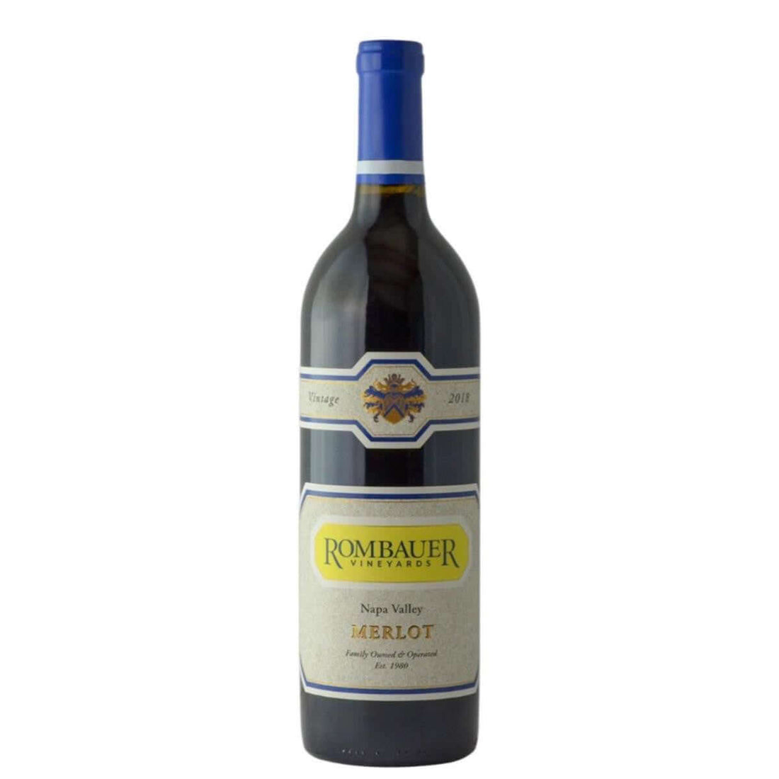 Rombauer Napa Valley Merlot 2020 wine bottle, 750ml, red wine with notes of dark fruit, cocoa, and vanilla, 14.5% ABV.