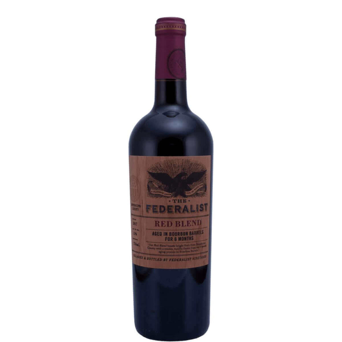 Federalist Bourbon Barrel-Aged Red Blend 2017, 750ml wine bottle, Mendocino County, California, bold red wine.
