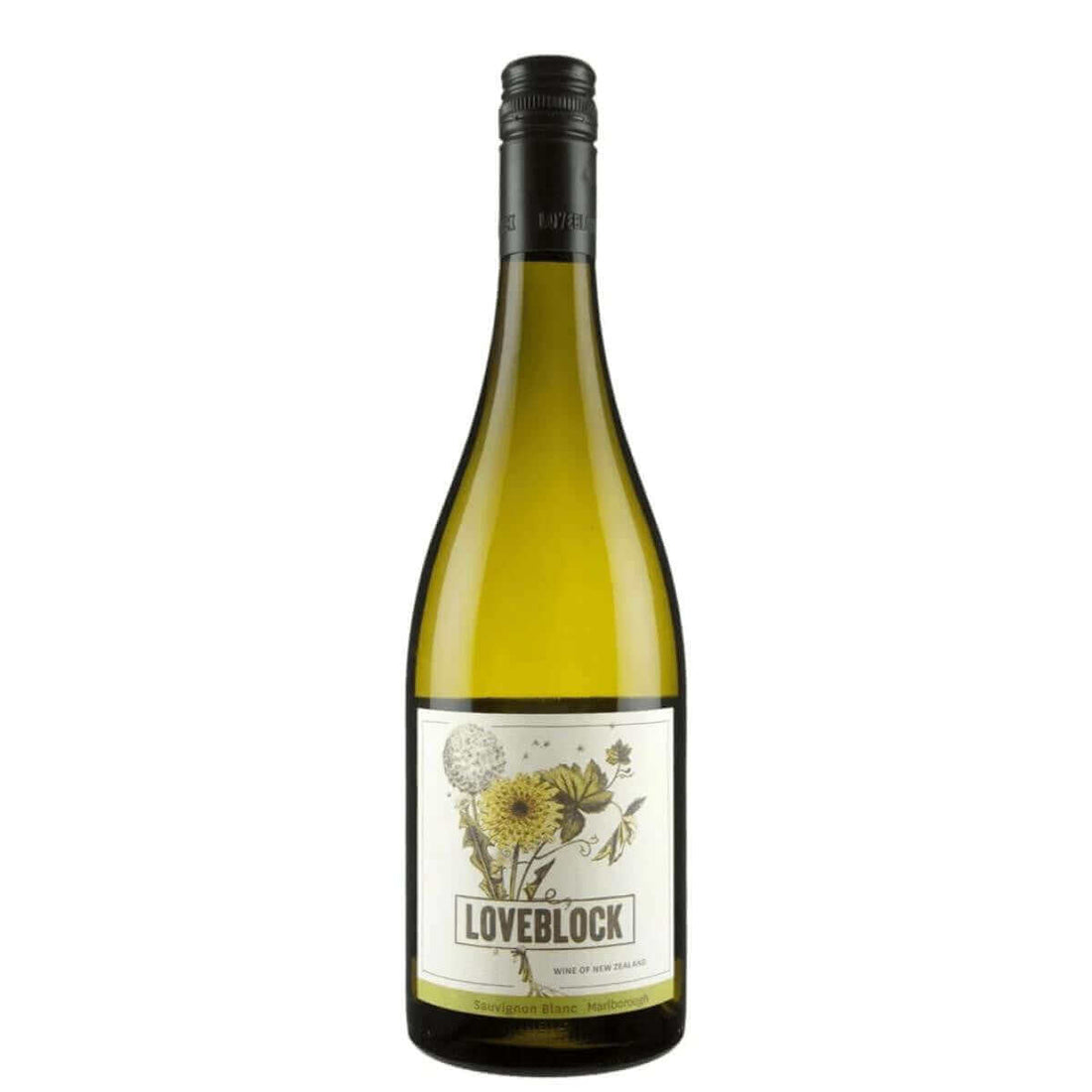 Loveblock Sauvignon Blanc 2021 wine bottle from Marlborough, New Zealand, showcasing a label with floral design.