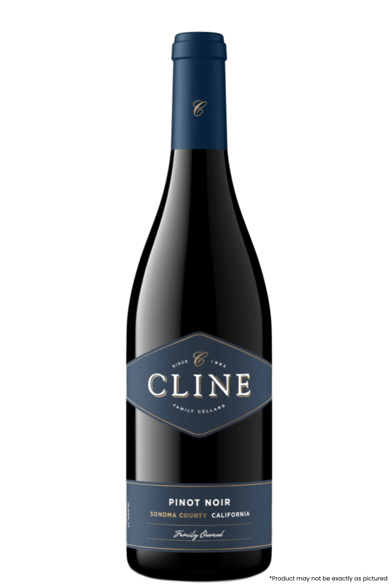 Cline Pinot Noir 2020 750ml bottle with dark label from Sonoma County, California, showcasing elegant red wine style.