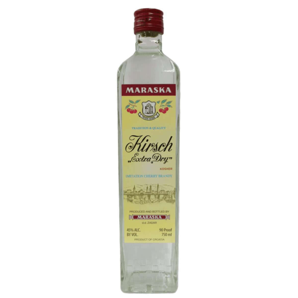 Bottle of Maraska Kirsch 750ml cherry brandy from Croatia, featuring a vintage label design with cherry illustrations.