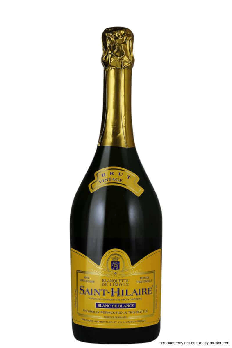 Bottle of Saint-Hilaire Blanc de Blancs Brut 2019 Sparkling Wine 750ml from Limoux, France with gold label and foil.