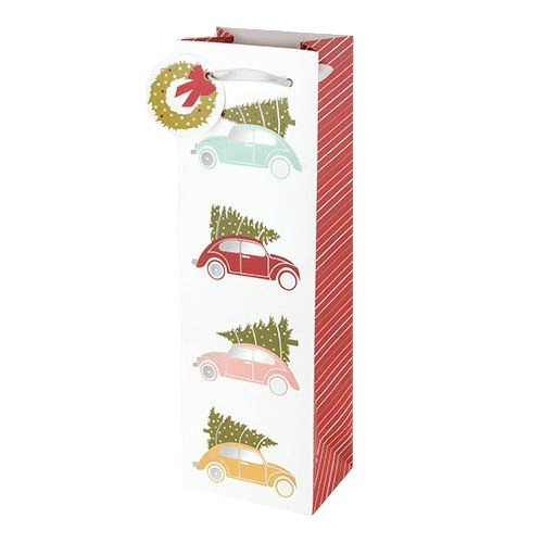 TRUE Christmas Tree Cars Gift Bag with colorful cars and foil accents, perfect for holiday wine gifts. Includes wreath tag. Premium paper.