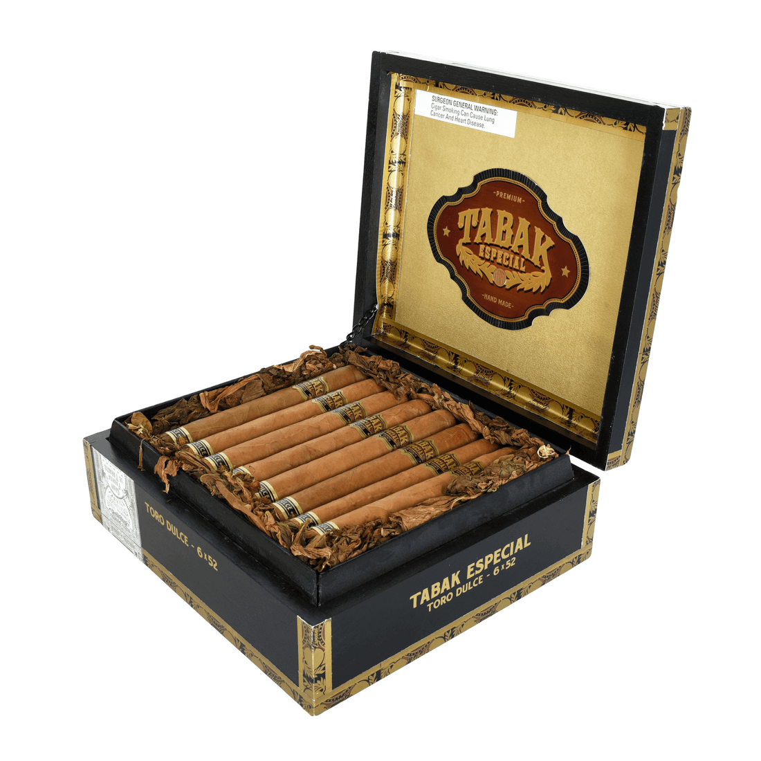 Open box of Tabak Especial Toro Dulce cigars with Nicaraguan origin, offering creamy coffee, cappuccino, and vanilla flavors.