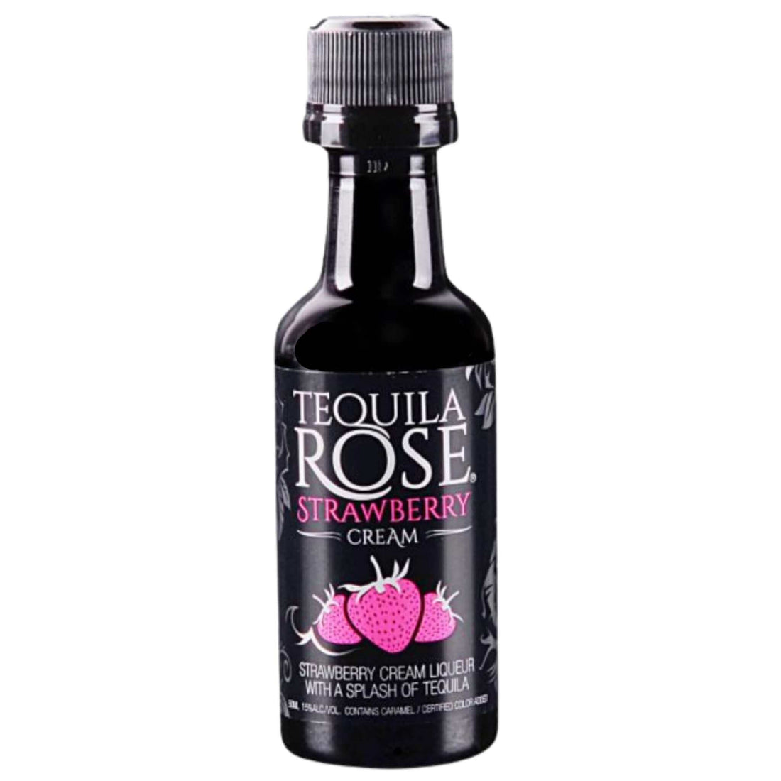 Tequila Rose Strawberry Cream 50ml bottle with pink label and strawberry design, 15% ABV, Mexican tequila blend from Missouri.