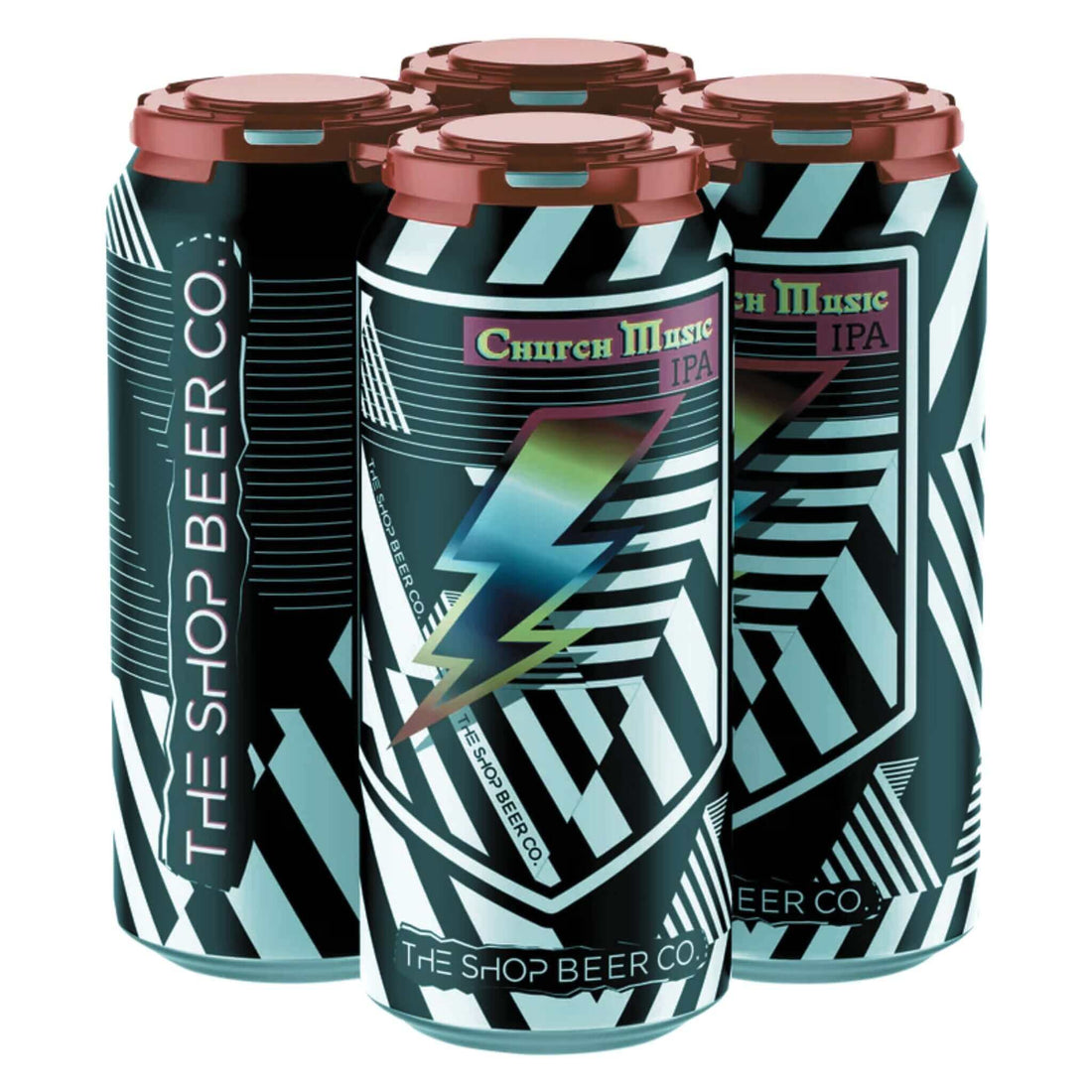 The Shop Church Music 4 Pack of 16oz Hazy IPA Cans with vibrant design, featuring tropical and citrus fruit flavors from Tempe, Arizona.