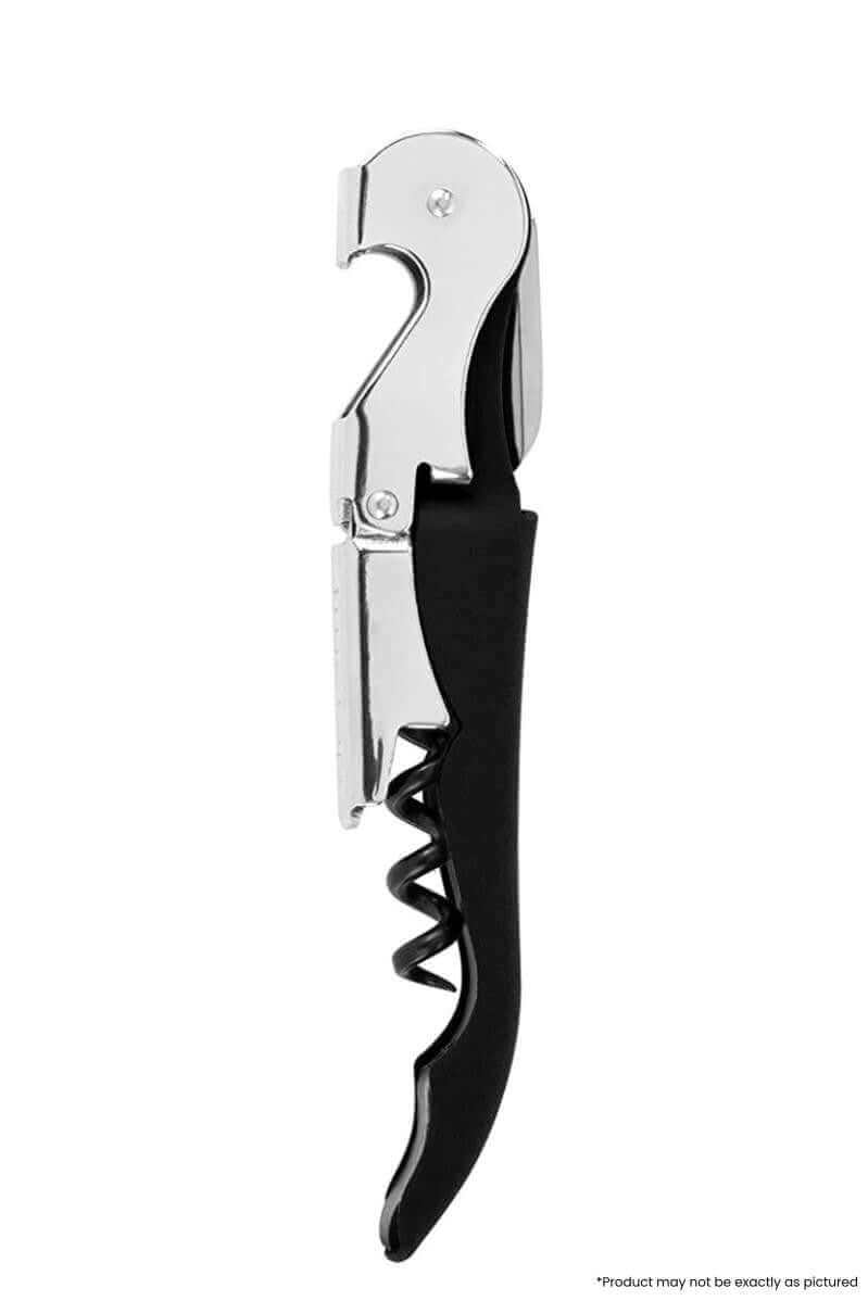 True Soft Touch Double Hinged Corkscrew with black finish, featuring stainless steel design and integrated bottle opener.