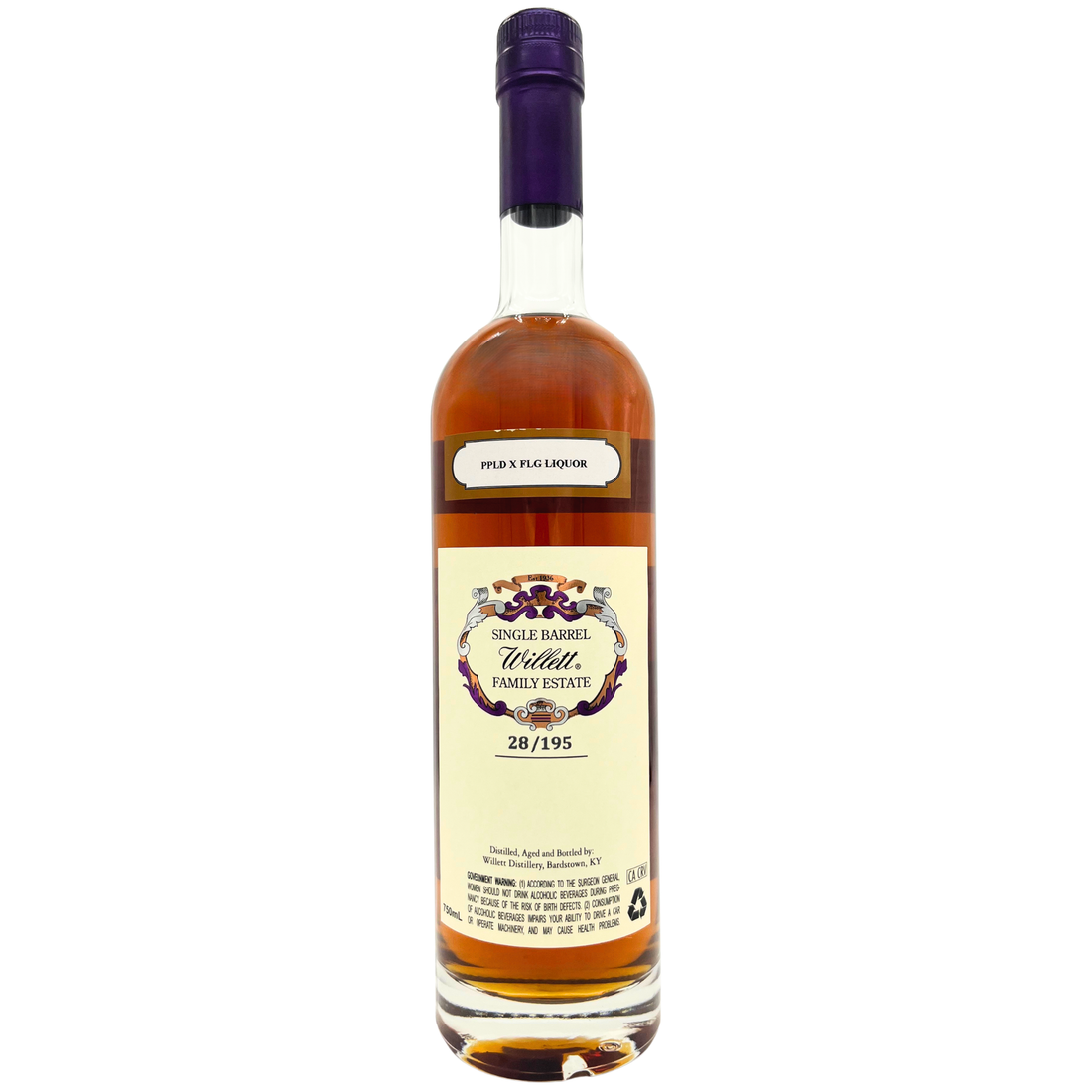 A bottle of Single Barrel Volatile Family Estate 28/1/95 whiskey, showing the amber liquid inside a clear glass bottle with a cream-colored label and a dark purple capsule seal, set against a plain white background.