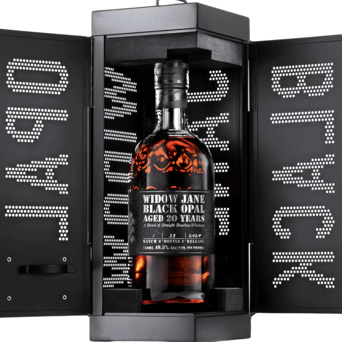 Widow Jane Black Opal 20-Year Bourbon, 750mL, in elegant packaging, Brooklyn, NY origin, rich flavors, 49.5% ABV.