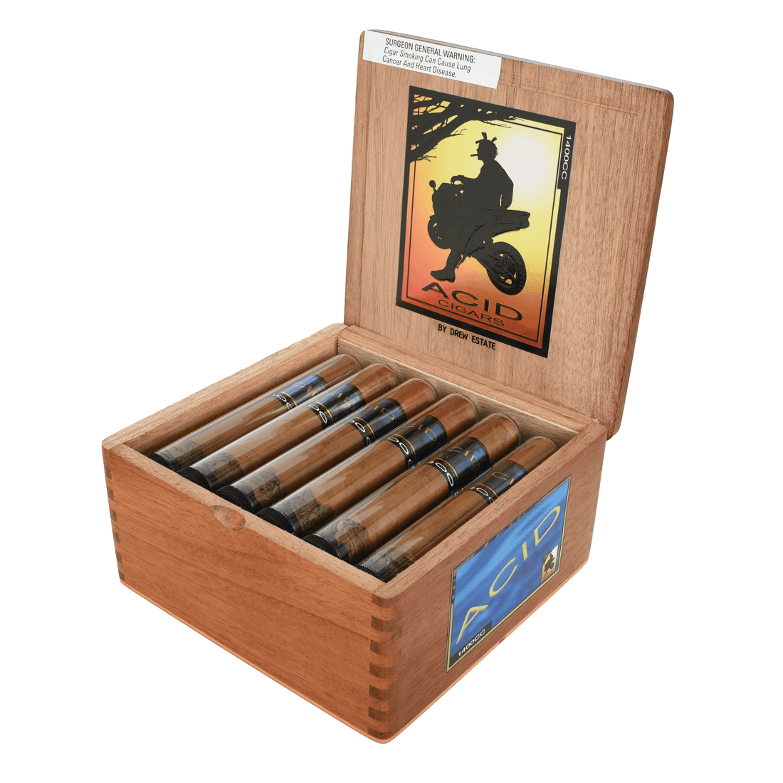 Drew Estate ACID 1400CC cigars in open wooden box, 18 count, aromatic and smooth, Nicaraguan-infused tobaccos with Connecticut Shade wrapper.