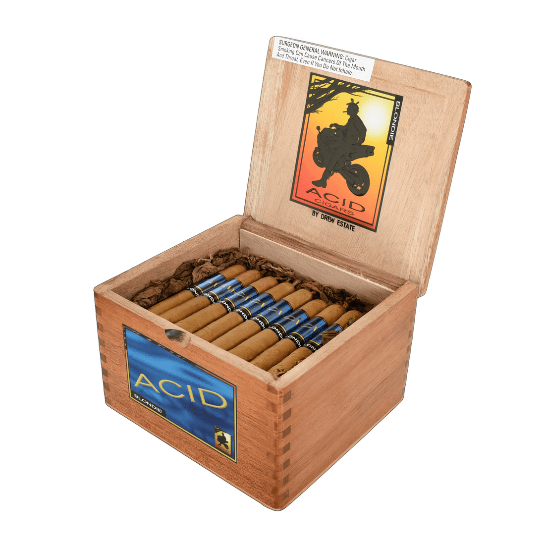 Open box of Drew Estate ACID Blondie cigars, 40 count, featuring Nicaraguan infused tobaccos with a sweet and aromatic flavor profile.