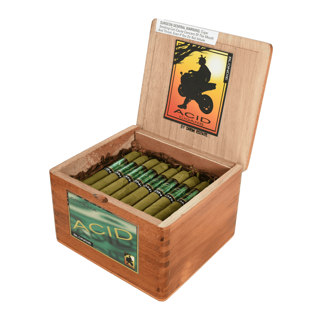 Drew Estate ACID Blondie Candela 40 Count Box with open wooden box revealing green-wrapped cigars, sweet herbal flavor.
