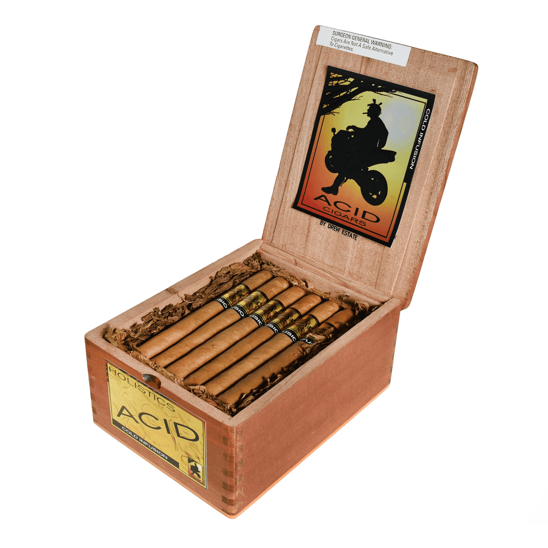 Open box of 24 Drew Estate ACID Cold Infusion cigars, showcasing Connecticut Shade-wrapped Nicaraguan tobaccos with sweet, floral notes.