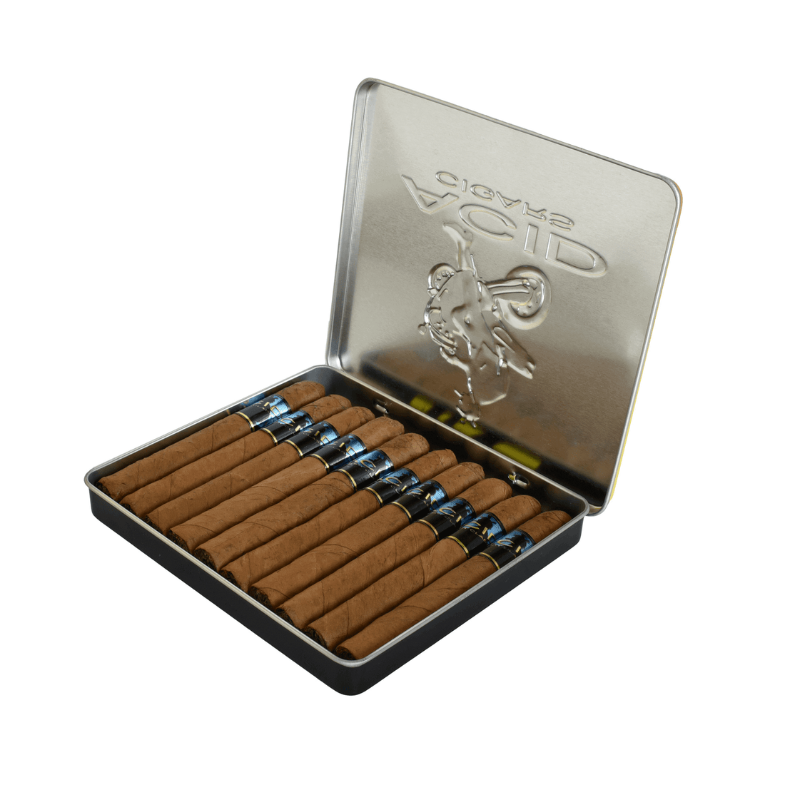 Drew Estate ACID Krush Blue Connecticut 10 cigars in open tin, mild strength, infused with floral notes and vanilla flavor.